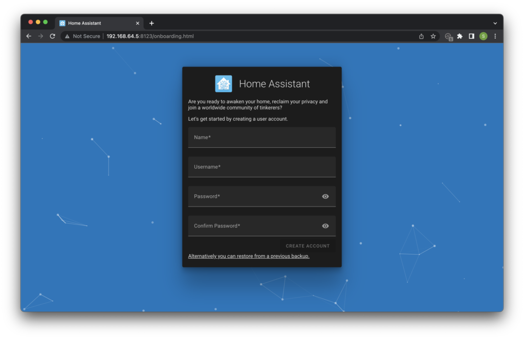 Home Assistant first login screen